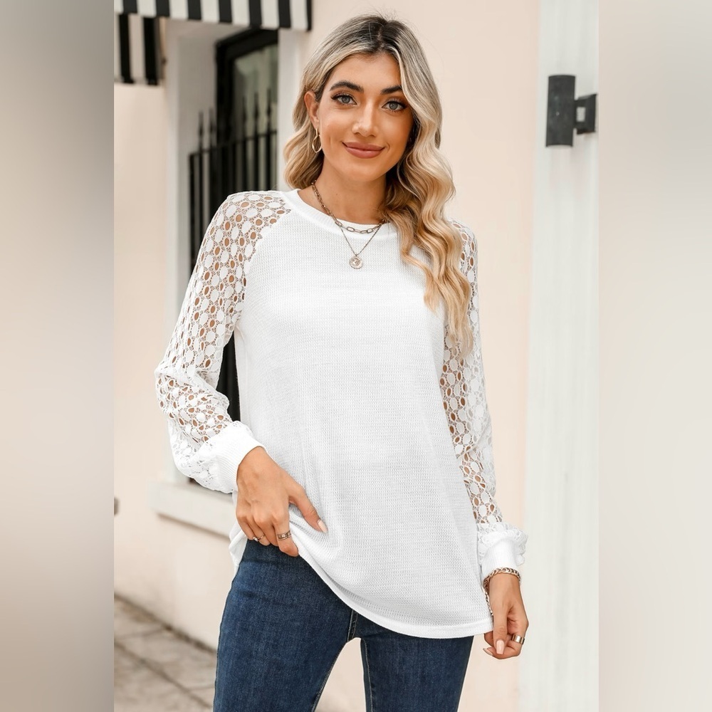 Cupshe White Davida Lace Raglan Sleeve Jersey Waffle Tee Shirt Womens Small NWT